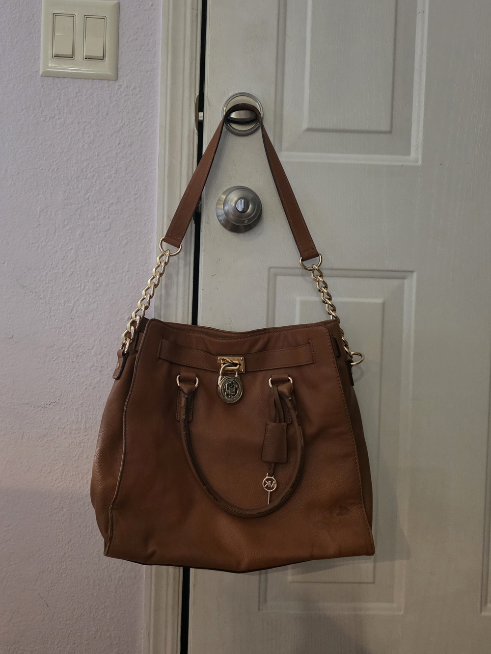 Michael Kors Cognac Leather Tote with Gold Chain Accents